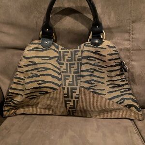 Vintage Fendi Beige & Black FF Monogram Tiger Stripe Trapezio Tote